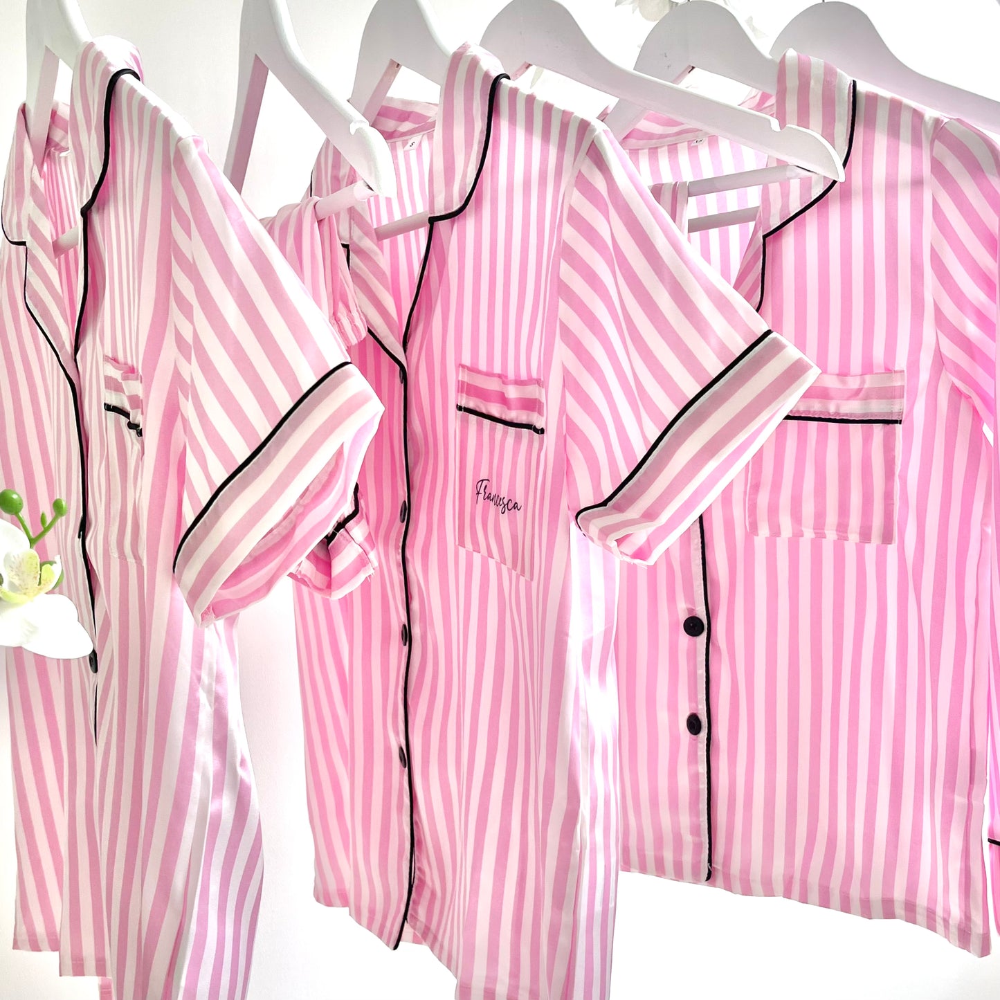 Personalised Shorts Satin Pyjama Set - Pink and White Piping