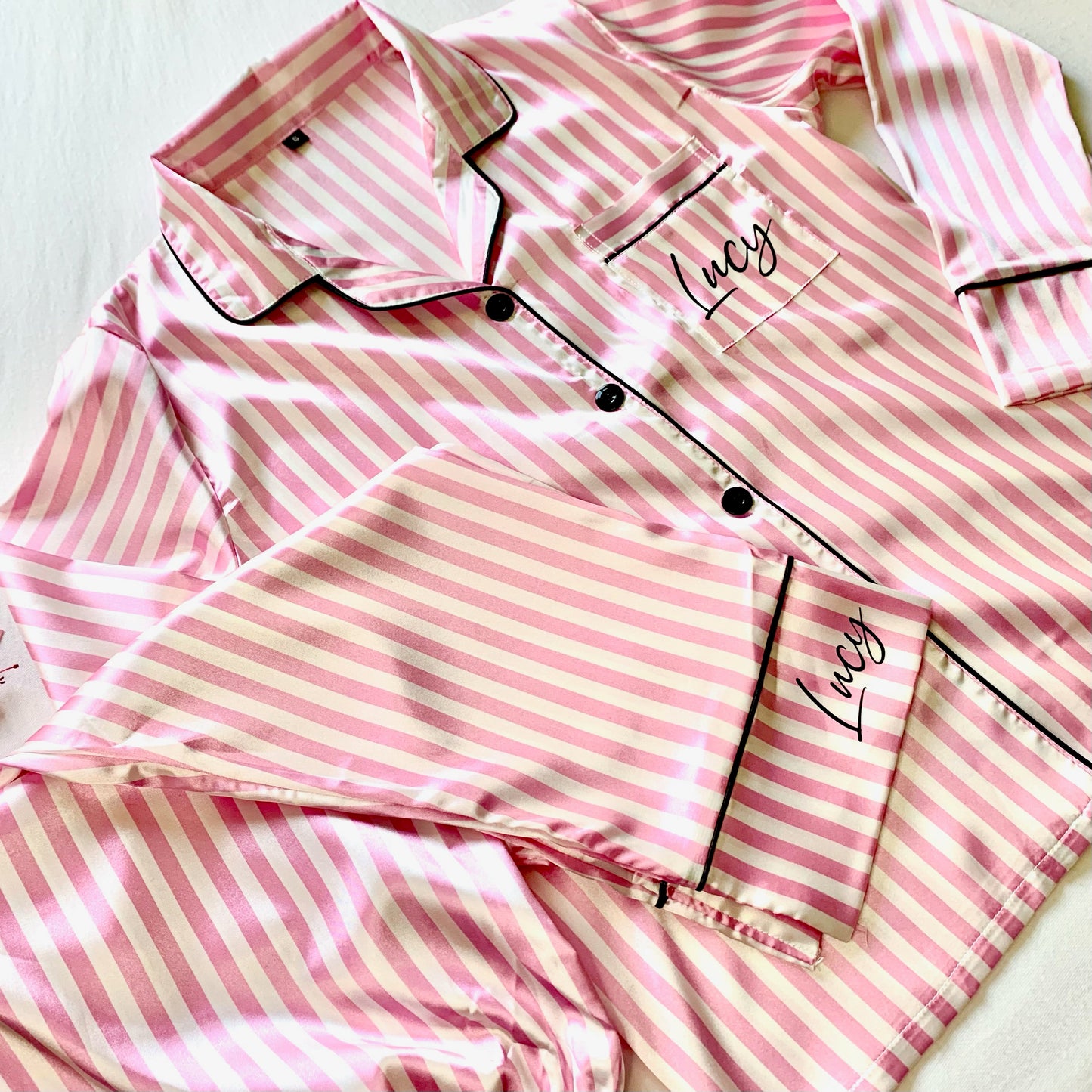 Personalised Long Satin Pink Striped Pyjamas