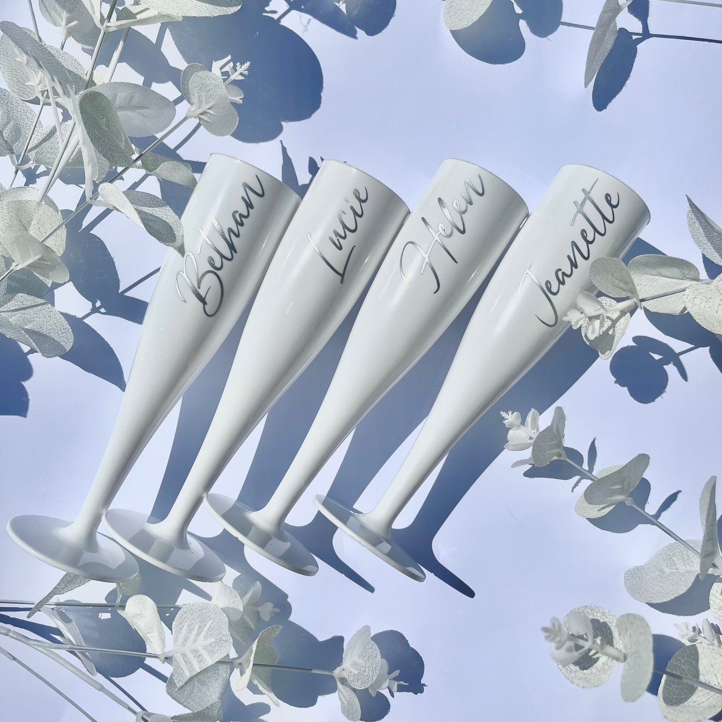 Bridal Party Champagne Flutes | Plastic White Champagne Cup | Hen Party | Champagne Flute Stickers | Bridesmaids | Prosecco Flute