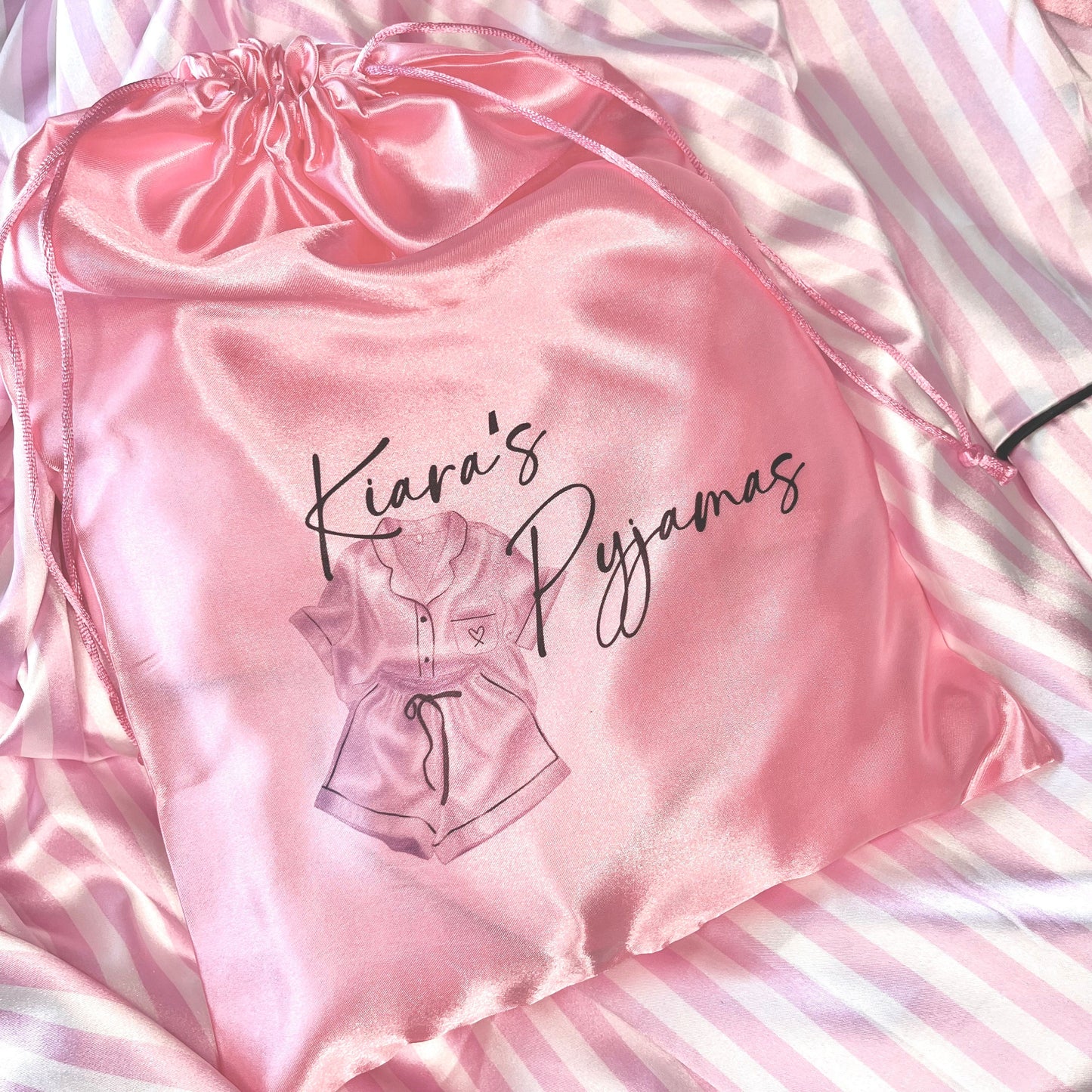 Personalised Satin Pyjama Storage Bag | Christmas PJ bag Stocking Filler | Pink Drawstring Bag | Travel Pyjama Bag | Gift for Pjs