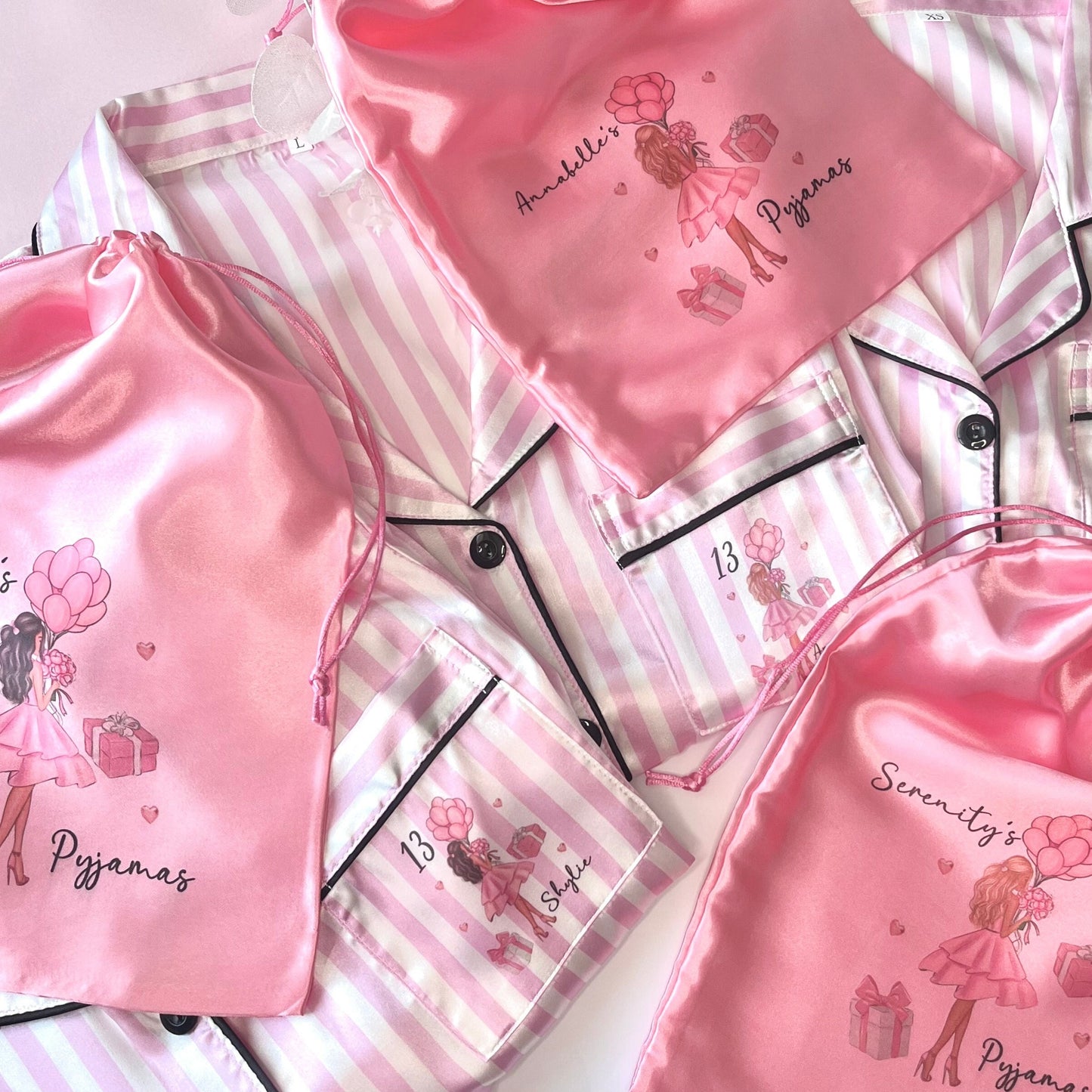 Personalised Satin Pyjama Storage Bag | Christmas PJ bag Stocking Filler | Pink Drawstring Bag | Travel Pyjama Bag | Gift for Pjs