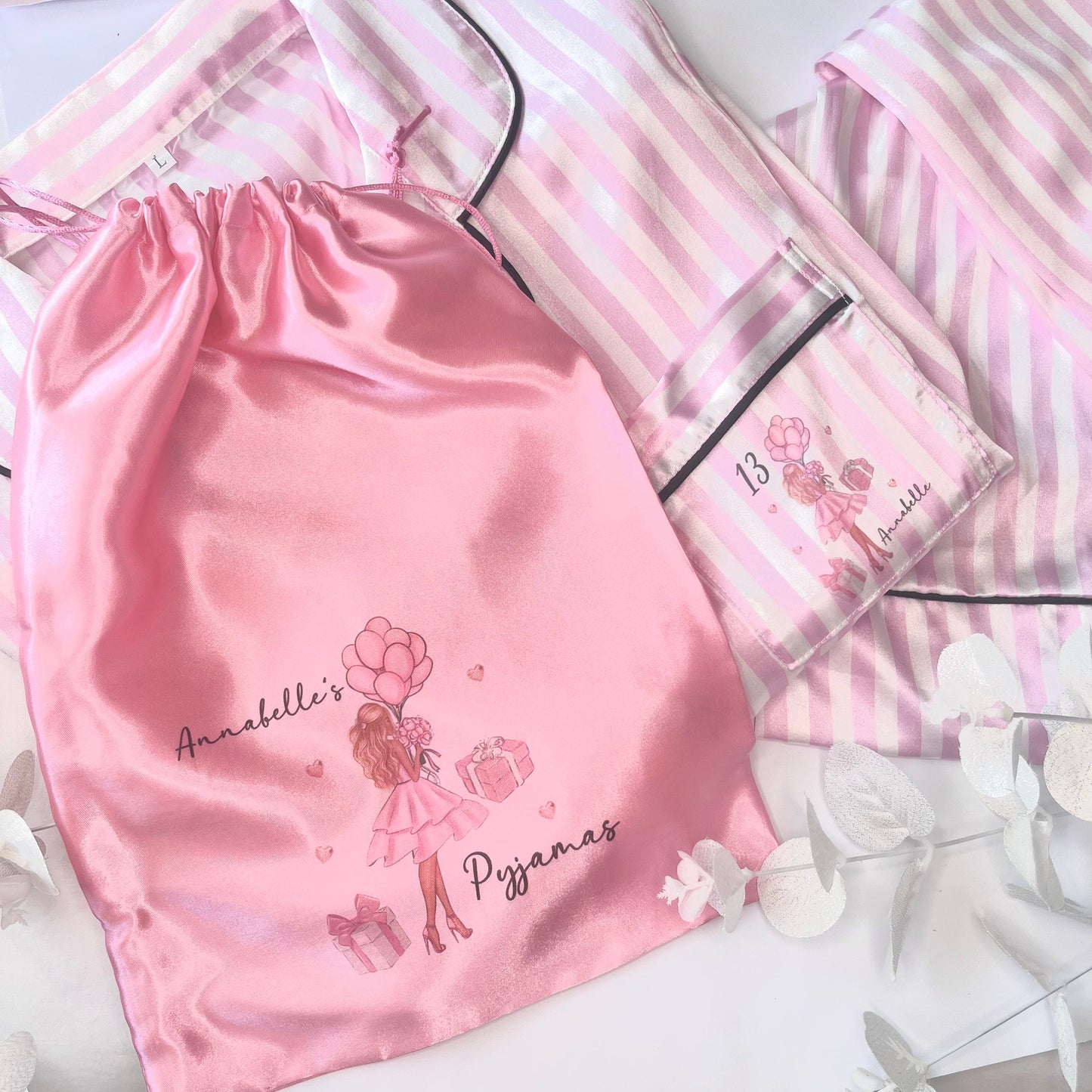Personalised Satin Pyjama Storage Bag | Christmas PJ bag Stocking Filler | Pink Drawstring Bag | Travel Pyjama Bag | Gift for Pjs