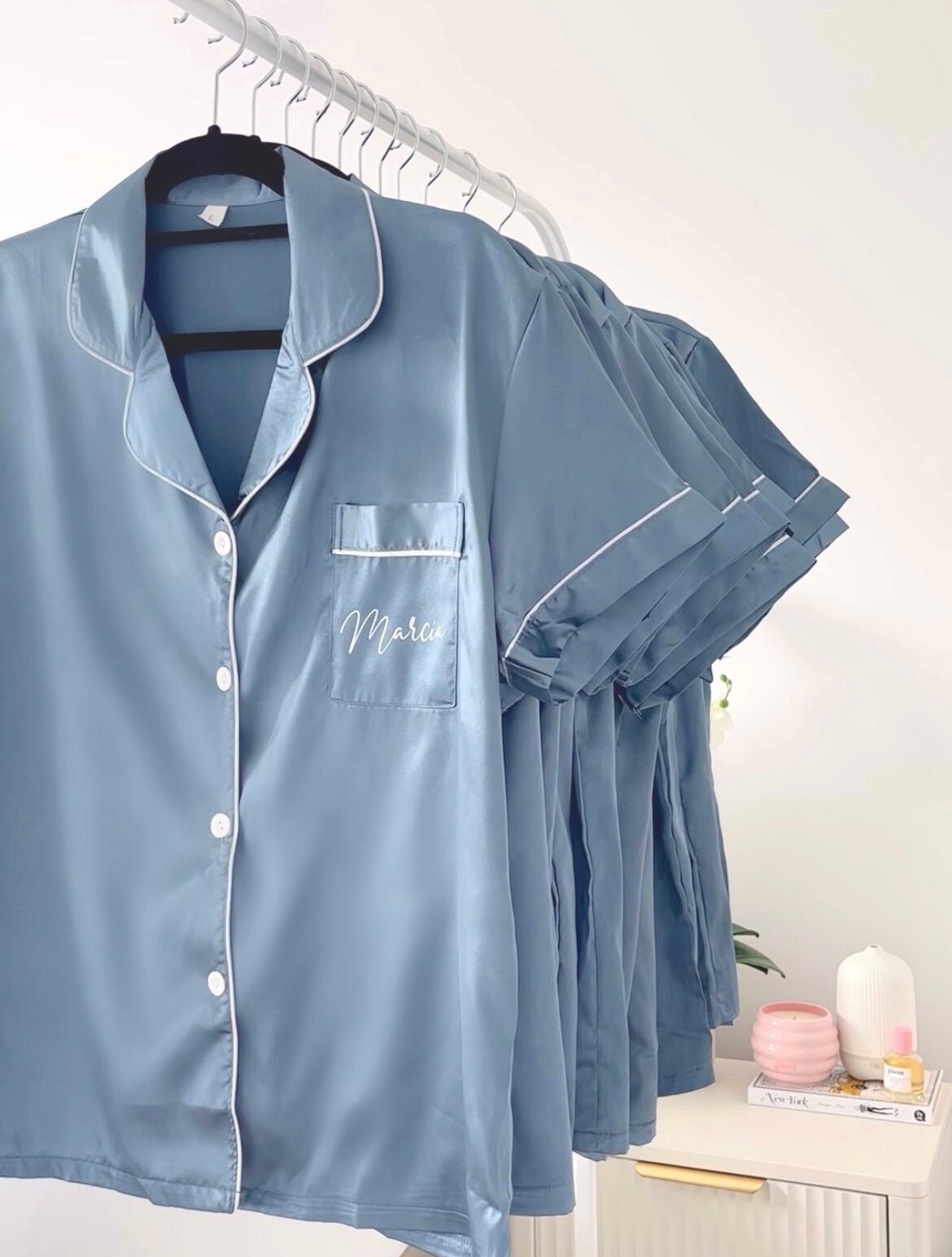 Blue Satin Hen Party Pjs | Bridal Party Pyjamas for Hen Weekend | Pyjamas for morning of the wedding | Blue Cloud 9 pyjamas | Bridesmaid Pj