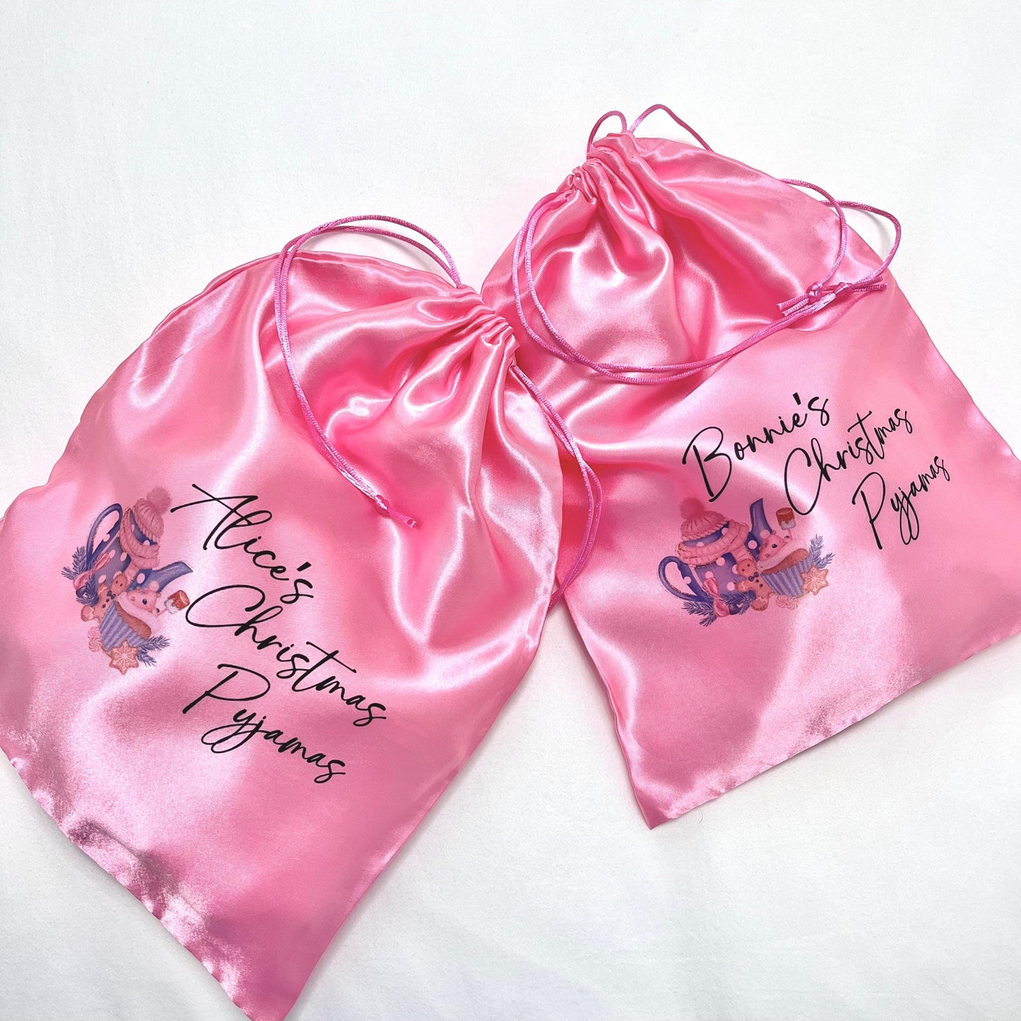 Personalised Satin Pyjama Storage Bag | Christmas PJ bag Stocking Filler | Pink Drawstring Bag | Travel Pyjama Bag | Gift for Pjs