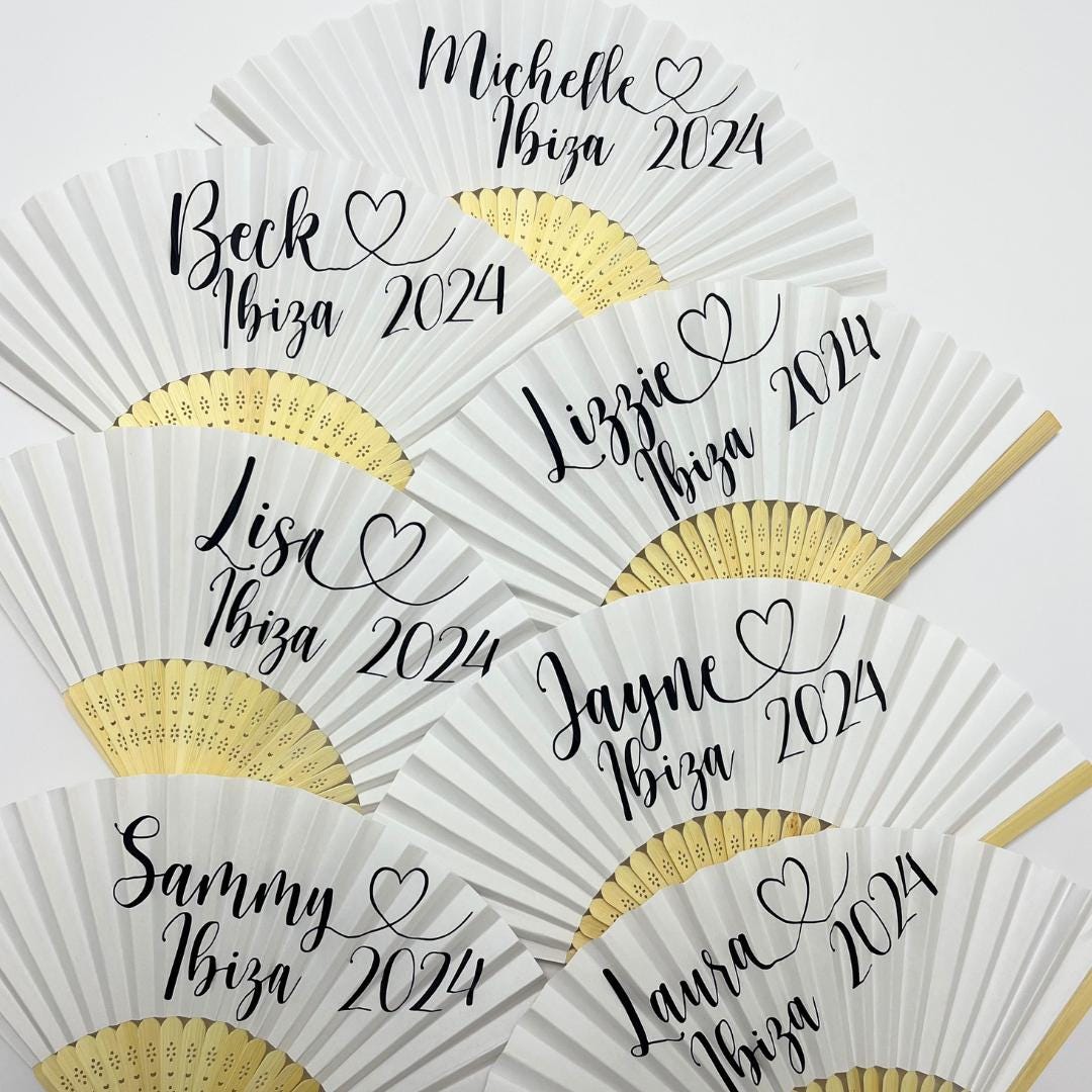 Personalised Fans Girls Holiday | Ibiza Fan for hen party | Ibiza 2025 hen gift | Hen party gift bag | Personalised name on bamboo paper fan