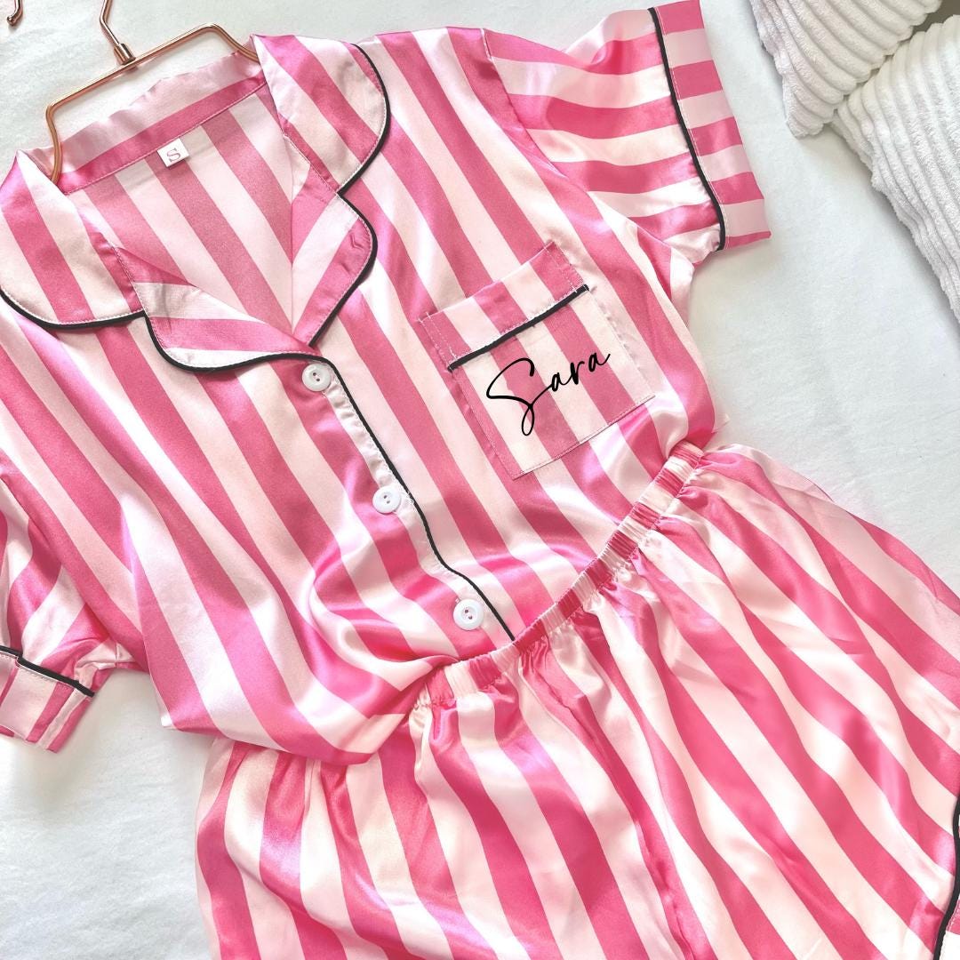 Personalised Pink Striped Satin Pyjamas | Valentines Day Pyjamas | Valentines Day Gift for Her | Pink PJs Valentines Day | Galentines Pjs