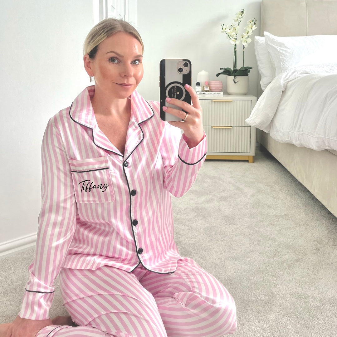 Personalised Trouser Satin Pyjama Set - Pink and White Piping