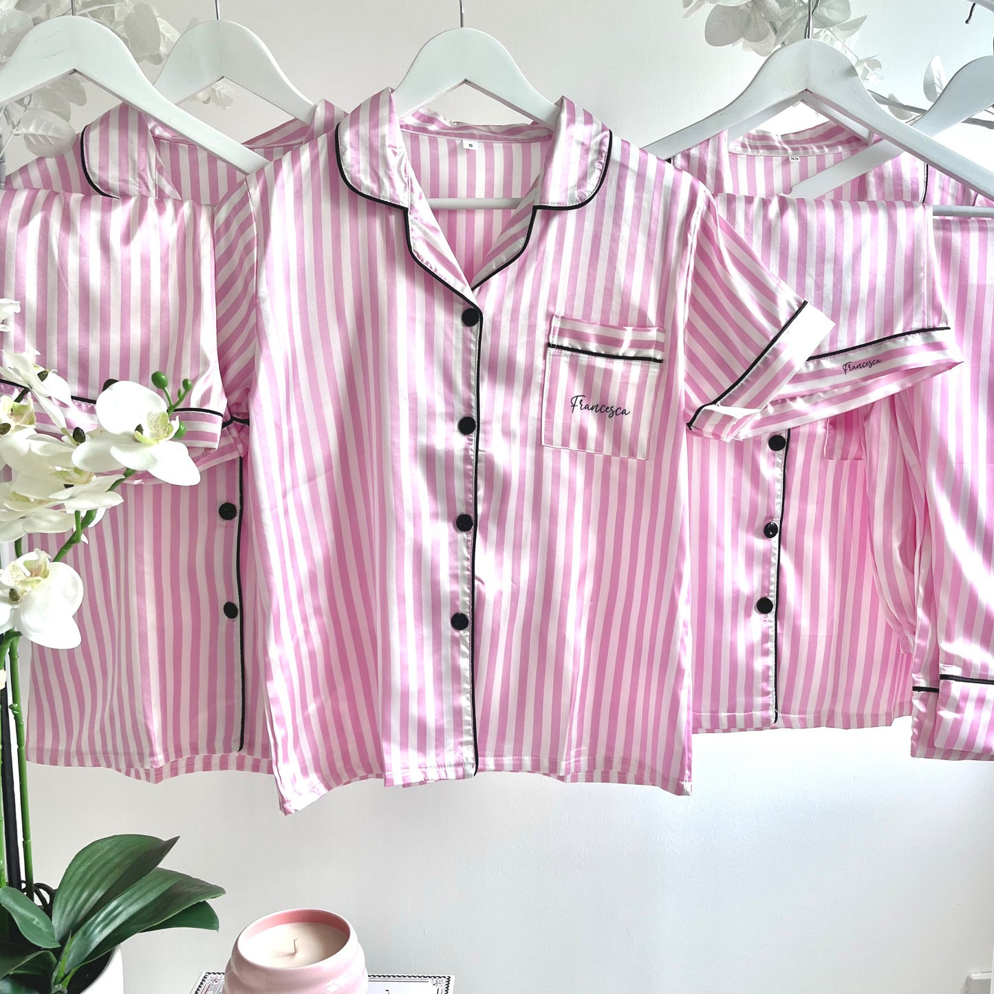 Personalised Shorts Satin Pyjama Set - Pink and White Piping