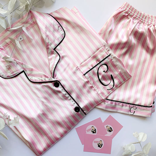 Personalised Shorts Satin Pyjama Set - Pink and White Piping