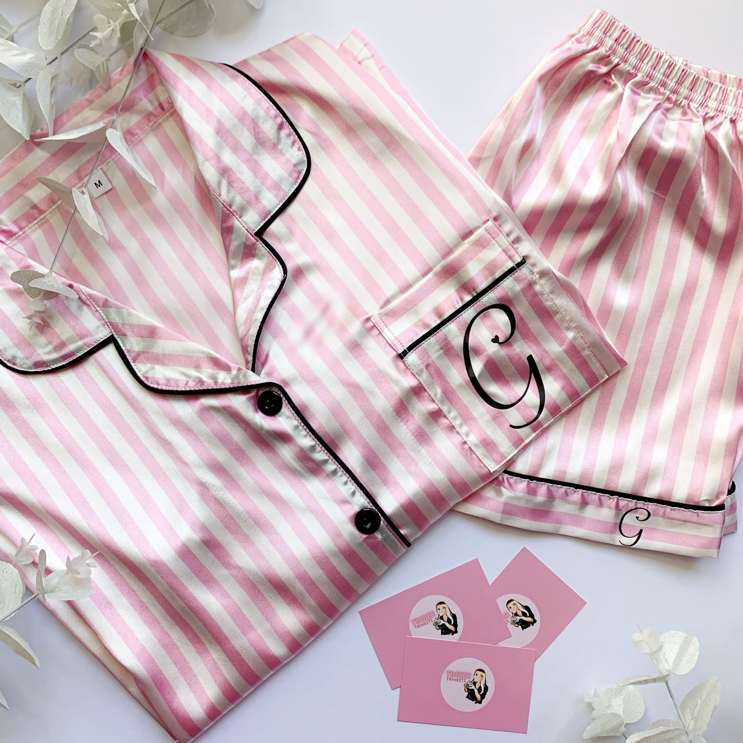 Personalised Shorts Satin Pyjama Set - Pink and White Piping