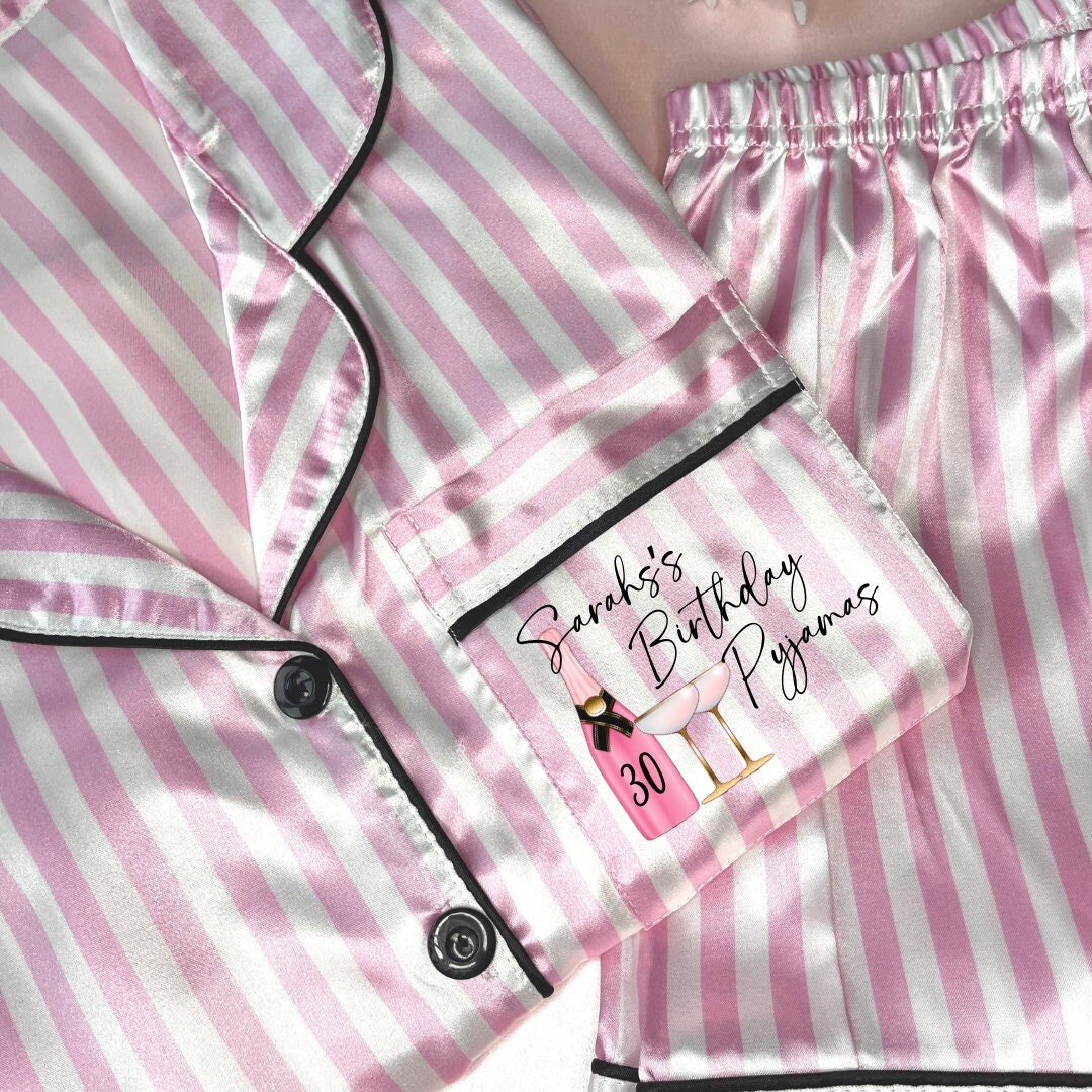 Pyjamas Birthday Name Age Satin Custom Pyjama Set for her | Birthday Party Pjs | Sweet 16 pjs | Striped piping pjs