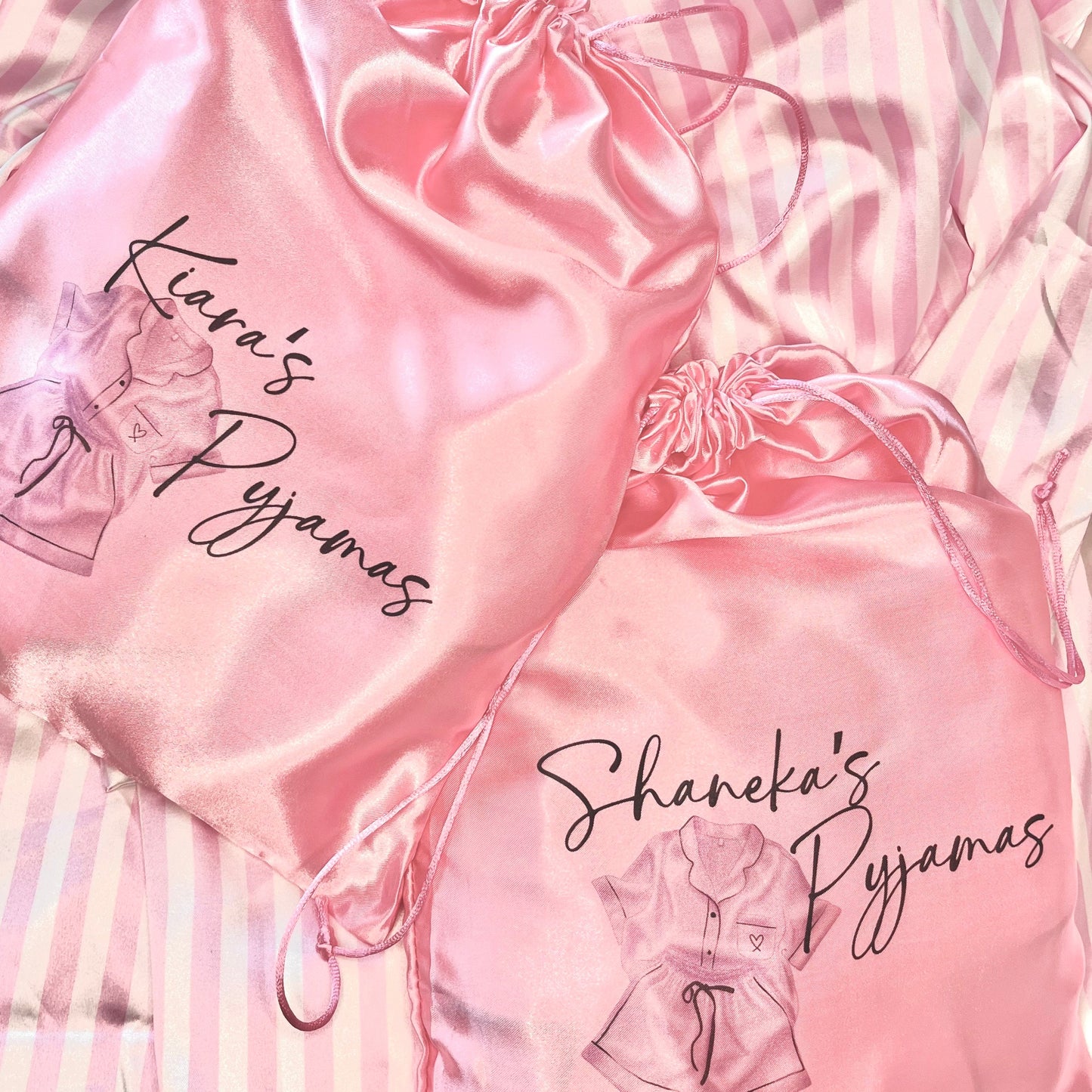 Personalised Satin Pyjama Storage Bag | Christmas PJ bag Stocking Filler  | Pink Drawstring Bag | Travel Pyjama Bag | Gift for Pjs