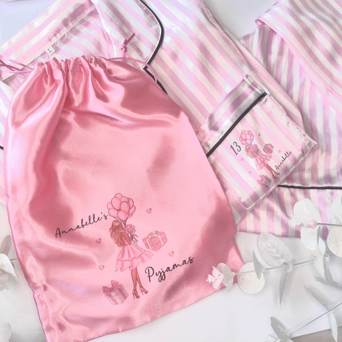 Personalised Satin Pyjama Storage Bag | Christmas PJ bag Stocking Filler  | Pink Drawstring Bag | Travel Pyjama Bag | Gift for Pjs