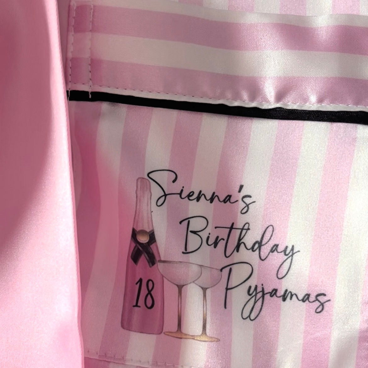 Pyjamas Birthday Name Age Satin Custom Pyjama Set for her | Birthday Party Pjs | Sweet 16 pjs | Striped piping pjs