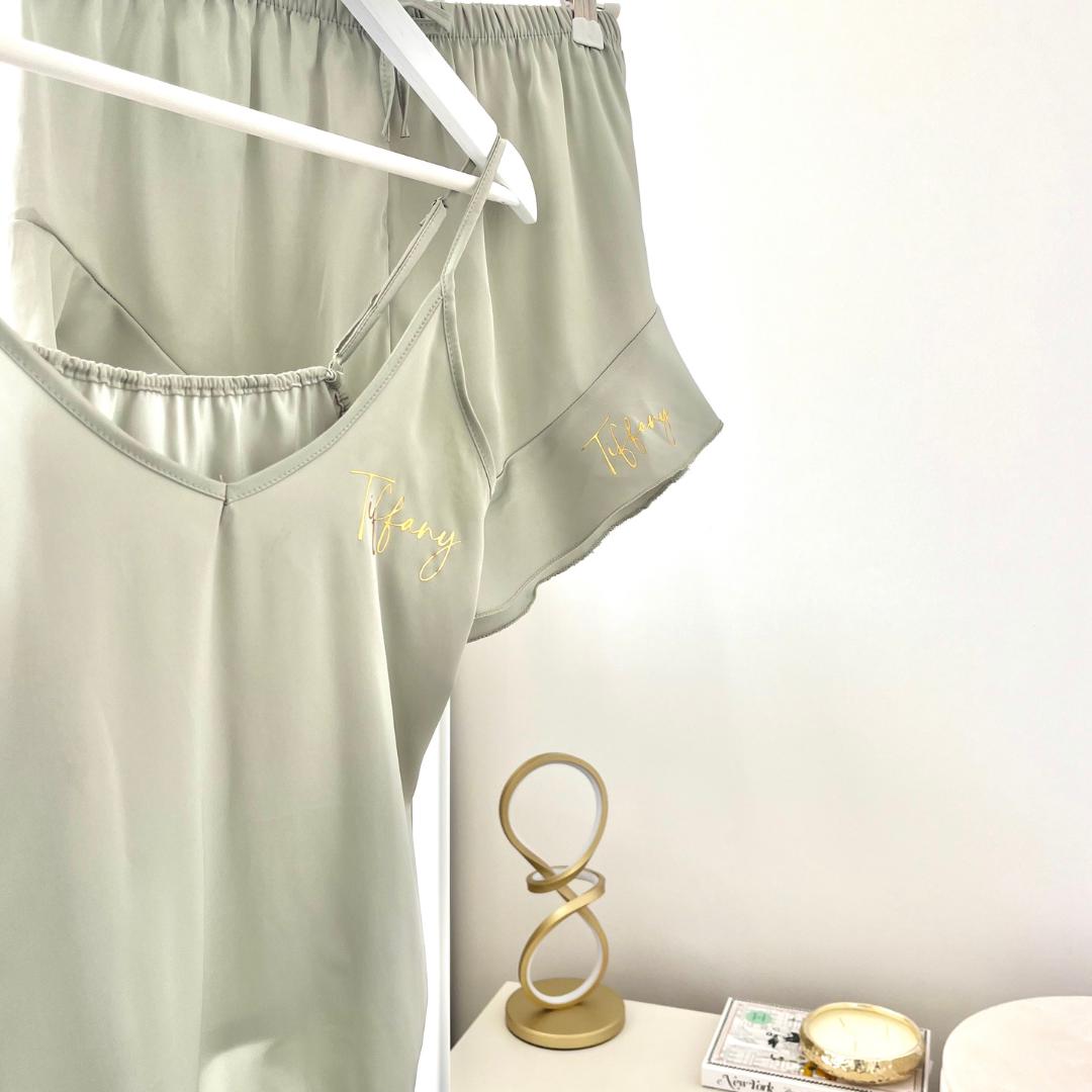 Personalised Sage Green Bridesmaid Satin Pyjamas | Bridesmaid Pyjamas | Personalised Green pjs | Wedding Pyjamas Green Satin |