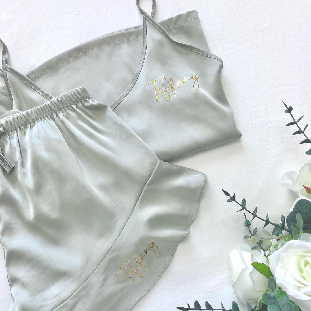 Personalised Sage Green Bridesmaid Satin Pyjamas | Bridesmaid Pyjamas | Personalised Green pjs | Wedding Pyjamas Green Satin |