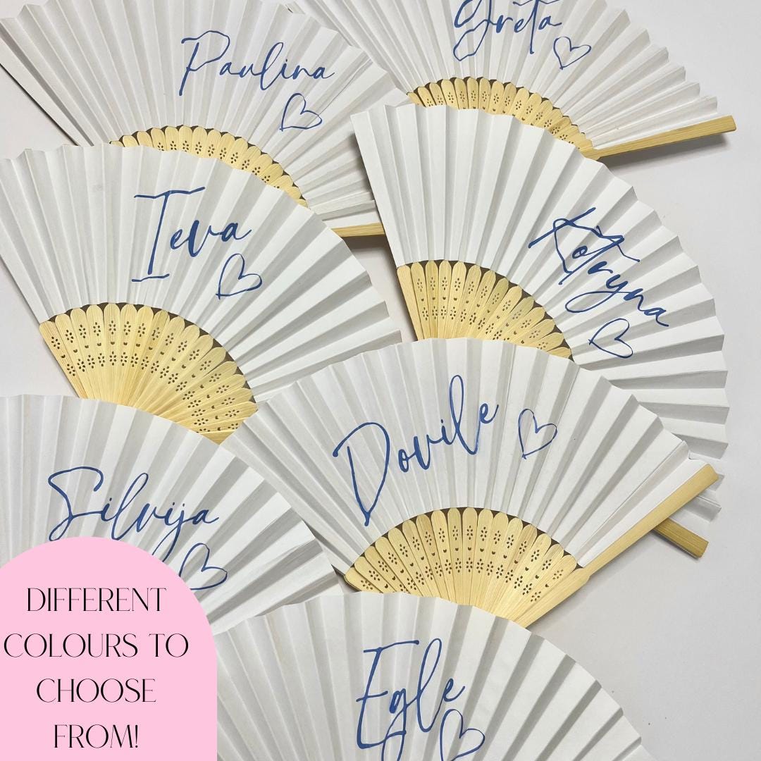 Name hand fan | Personalised bamboo paper foldable fan for hen parties | Party fan for holiday | Blue Greece Fans for Girls Trip |