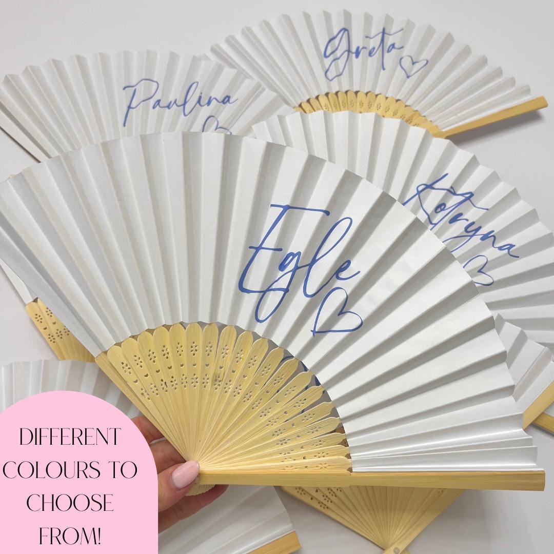 Name hand fan | Personalised bamboo paper foldable fan for hen parties | Party fan for holiday | Blue Greece Fans for Girls Trip |